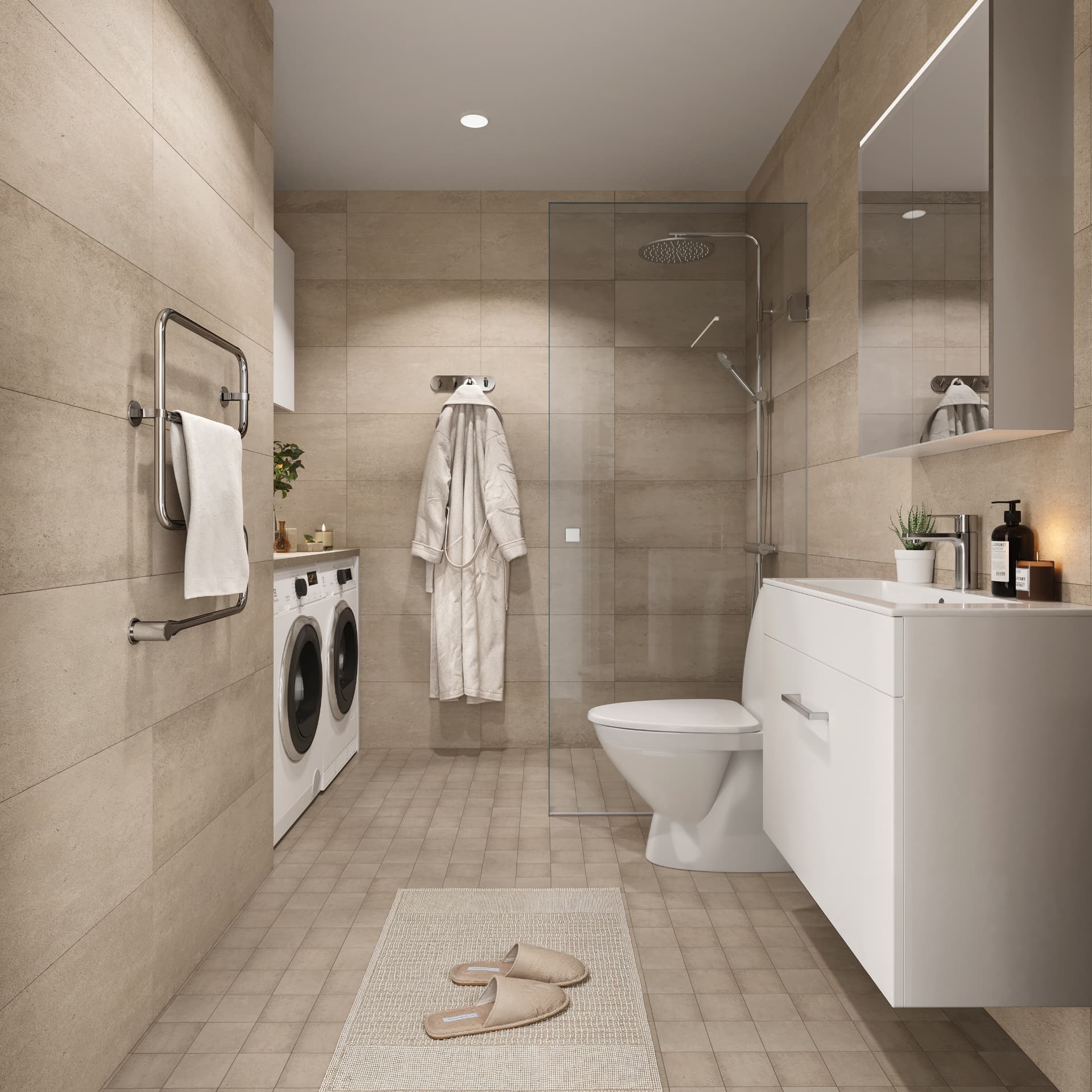 Rendering av badrum med tvättmaskin i Kvarteret Carla