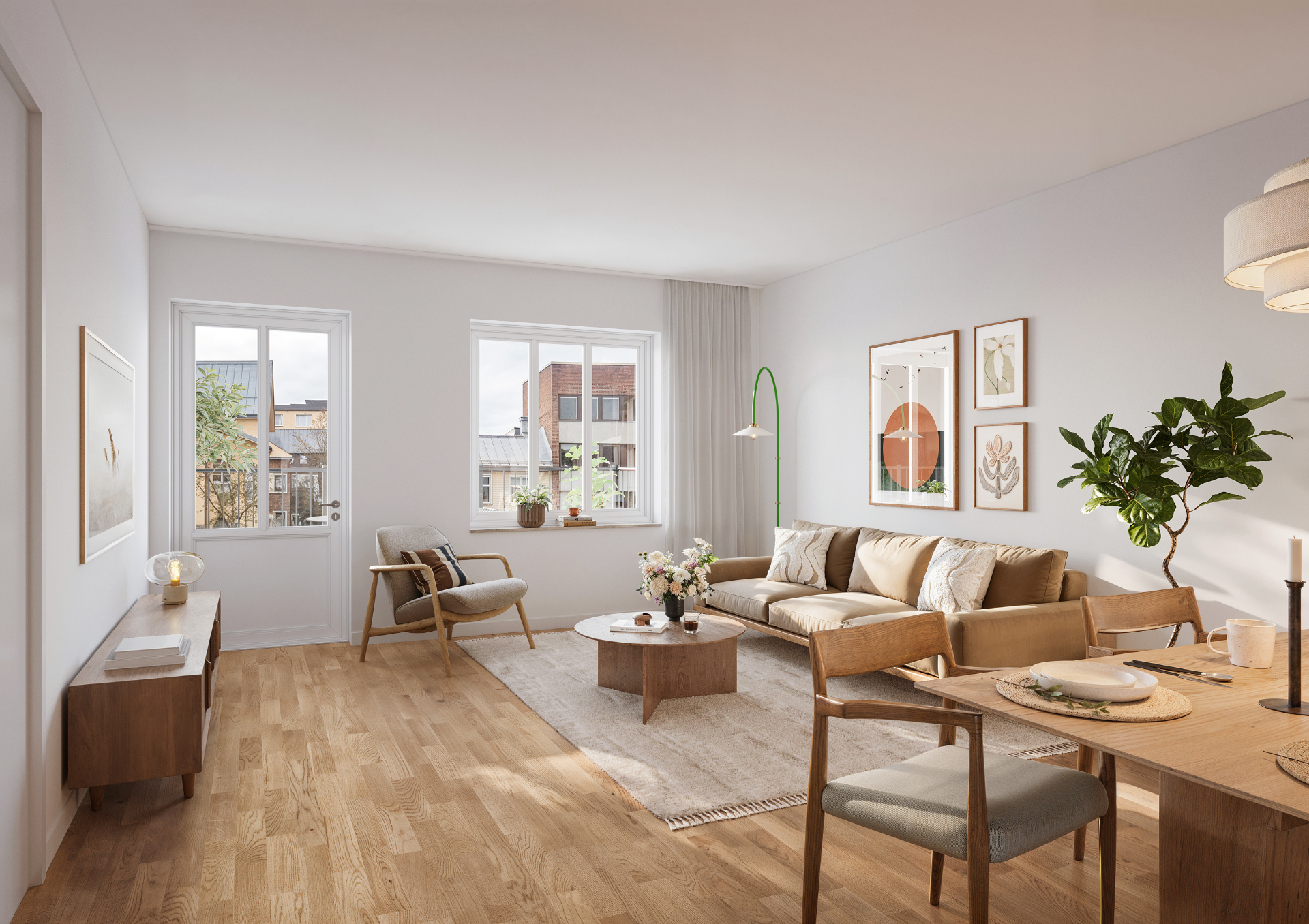 Rendering av vardagsrum med matplats i Kvarteret Carla